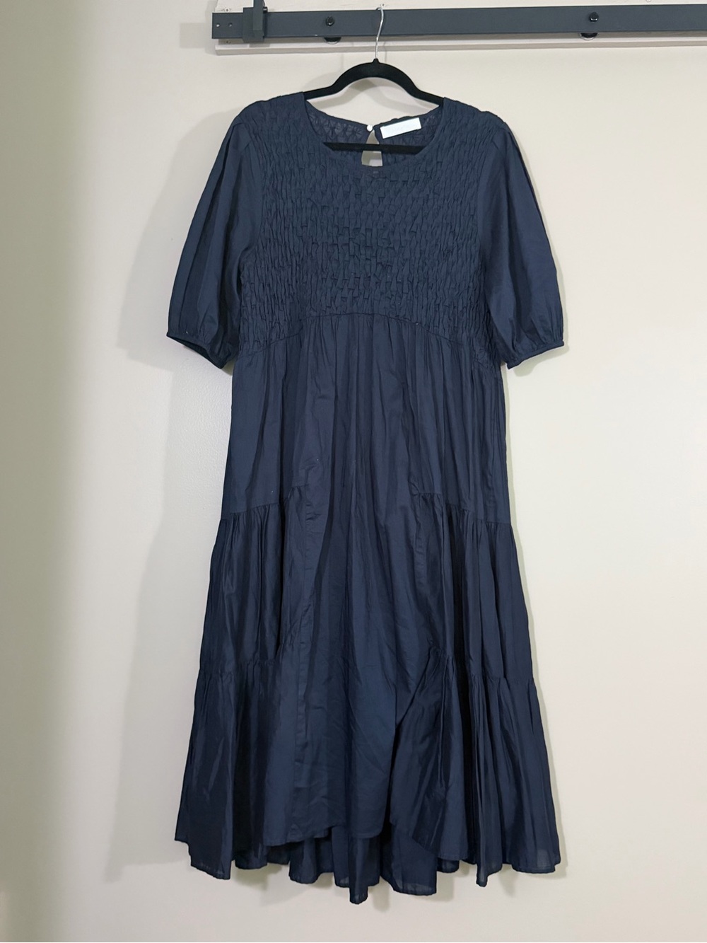 MERLETTE Navy Smocked Tiered Midi Dress, sz M